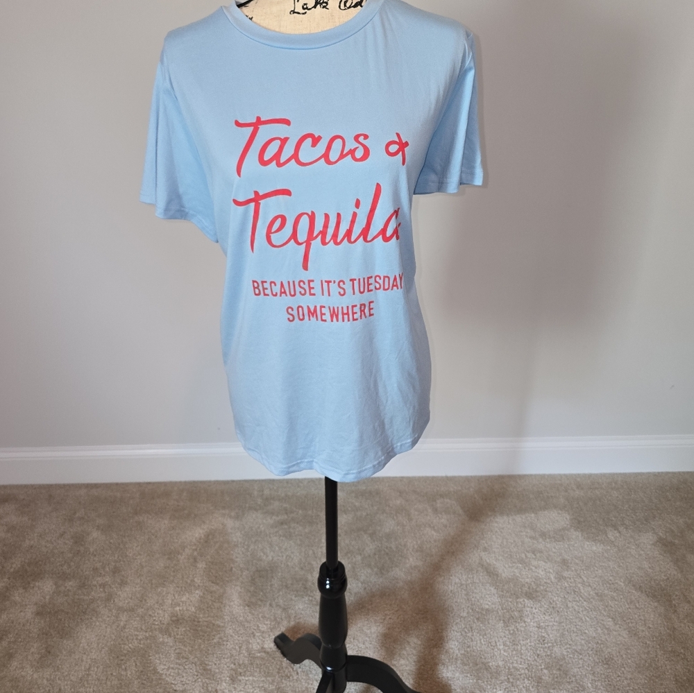 Light Blue Graphic Tee with Red Text